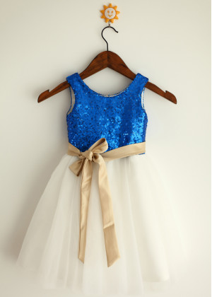 Royal Blue Sequin Ivory Tulle Wedding Flower Girl Dress